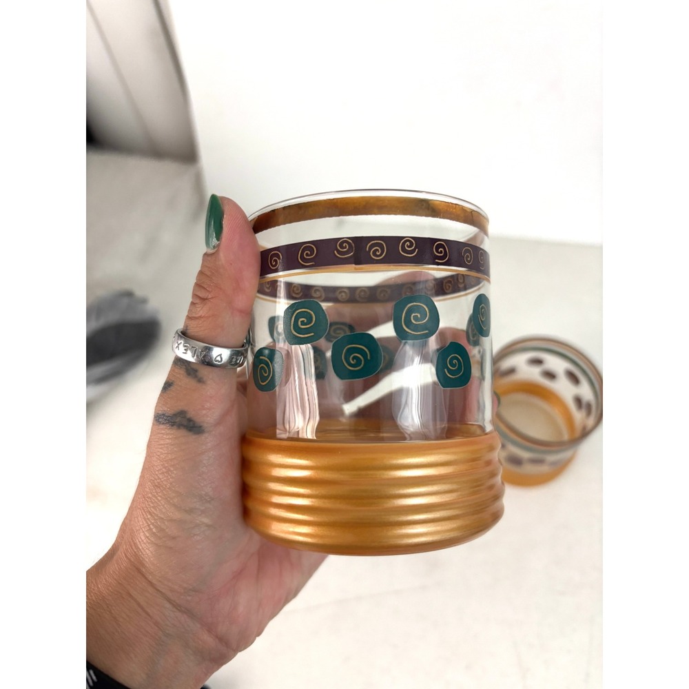 Vintage Gold Teal Burgundy Spiral Rocks Glasses Whiskey Tumblers Pair - Picture 5 of 11